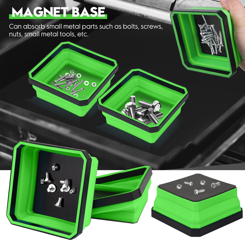 Magnetic Parts Tray 4-Pack – Collapsible Tool Holder for Screws & Bolts | Double-Sided Magnets, 4.5" Bowls, Collapsible, Scratch-Proof, Heat-Resistant, Green, for Workshop, Auto & Home