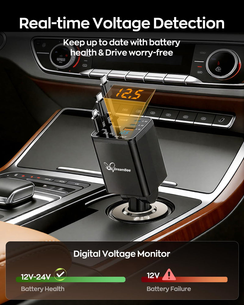 DreamBee Retractable Car Charger,108W 6 in 1 Super Fast Car Phone Charger with 3 Cords 31.5INCH, USB C Car Charger Adapter for iPhone 17/16/15/14/13 Pro Max XR,iPad,Samsung,Pixel