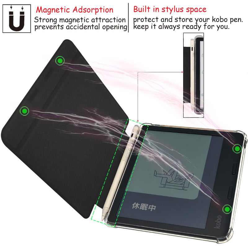 Folio Leather Case for 7" Kobo Libra Colour (2024) eReader - Ultra-Thin Enhanced Auto Sleep/Wake Cover with Transparent TPU Back, Magnetic Closure, Stylus Holder (Misty Forest) Misty Forest
