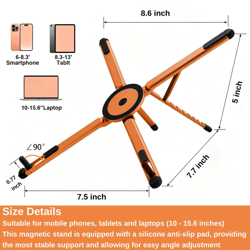 Magnetic Phone Holder & Foldable Laptop Riser, Matte Black Aluminum Multi‑Device Desk Mount, N52 MagSafe Stand, Ergonomic Laptop Elevator for MacBook iPad iPhone Travel Office Orange