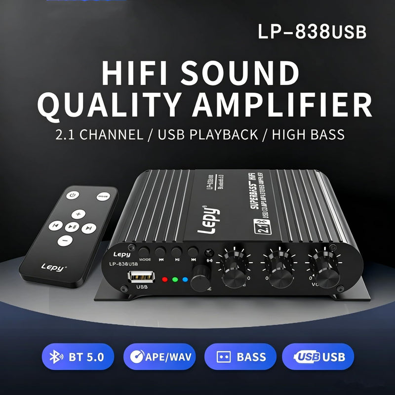 Home Audio Amplifier Bluetooth 5.0 Stereo Receiver 2.1 Channel Subwoofer Amp Board with Treble/Bass/Sub Control HiFi Sound for Home Theater, Car & Karaoke, Includes Remote & Power Adapter