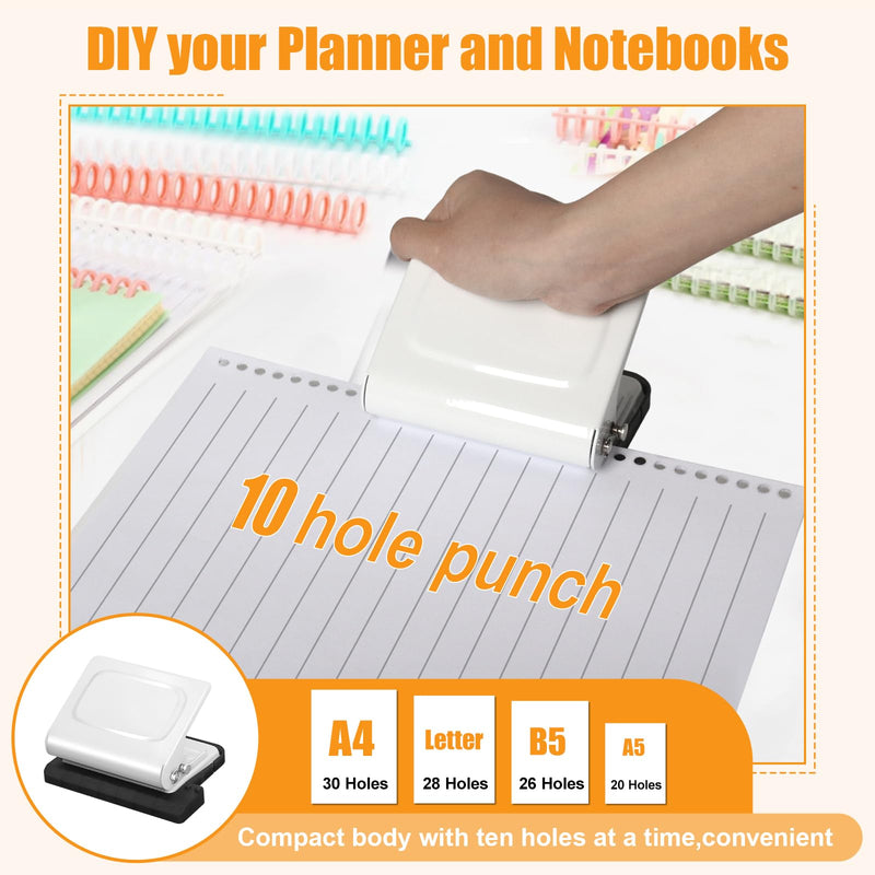 10 Hole Punch Binding Machine for Planners with 10 Multi-Color Binder Rings, 30 Holes on A4, 20 Holes on A5, 26 Holes on B5, 10 Sheet Capacity (White)
