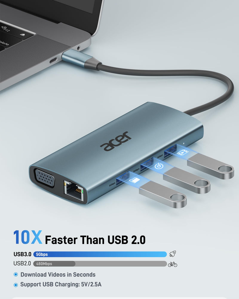 Acer USB C Hub with 4K HDMI, 9-in-1 Laptop Docking Station with 1080P VGA | USB C to Ethernet Adapter with 5Gbps 3×USB-A Data Transfer, 100W Max PD Port, SD/TF Card Reader for MacBook, Acer, 0.65ft