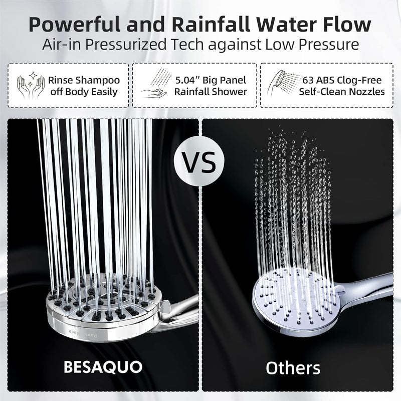 BESAQUO Shower Head, 9 Settings High Pressure shower head with handheld, Built-in Pause Mode & Power Wash, Non-Clogging Nozzles, 6ft Hose,Bracket(Premium Chrome, 14591)