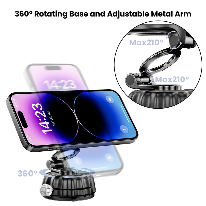 Strong Suction Cup Magnetic Car Phone Holder for iPhone & Android Phones, Shock-Resistant Phone Mount for Dashboard Windshield, 360° Rotation, Heavy-Duty, Foldable, Hands-Free, Ideal for Navigation Black