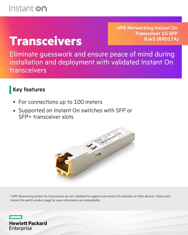 HPE Networking Instant On 1G SFP RJ45 Transceiver for Copper Ethernet Category 5e Connections Up to 100 Meters (R9D17A)