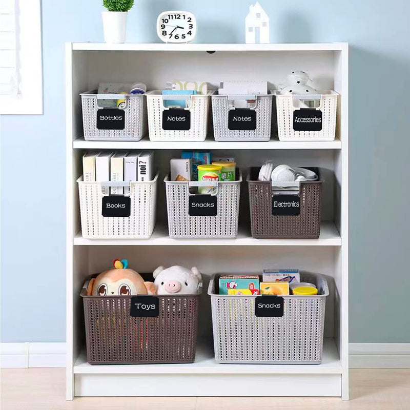 20 Basket Labels Clip On, Reusable Labels for Storage Bins, Removable Chalk Labels for Containers, Kitchen Closet Baskets and Storage Basket Holders with 2 White Chalk Markers Rectangular 20