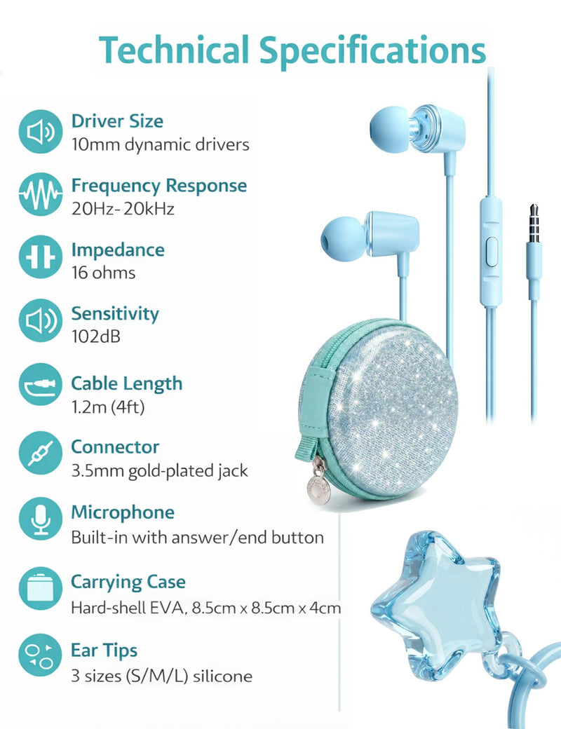Glitter Skyblue Teens Wired Earbuds with Case, 3.5mm Headphones for School | GOGOSINIS Wired Student Earbuds with Glitter Blue Case, Braided Lanyard Wristlet & Star Keychain Charm, For School backpacks Glitter Skyblue