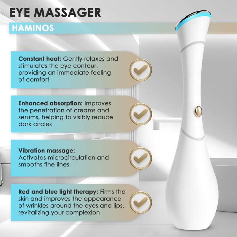 Eye Massager Wand with Heat, Vibration & Red/Blue Light, Ionic (Galvanic) Skincare Absorption, USB‑C Rechargeable with Charging Base, Helps Reduce the Look of Puffiness & Dark Circles