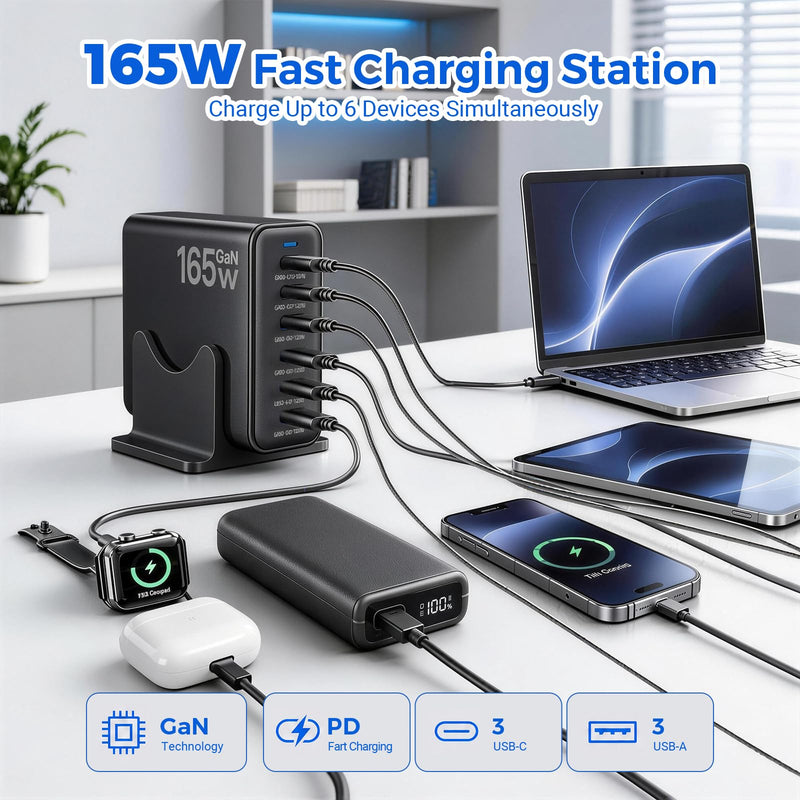 165W GaN Charging Station, 6-Port USB C & USB A Charger, Black | 6-Port USB Charging Station, 3x40W USB-C + 3x15W USB-A, Compatible with iPhone, Galaxy, iPad, Home Office, Travel and More