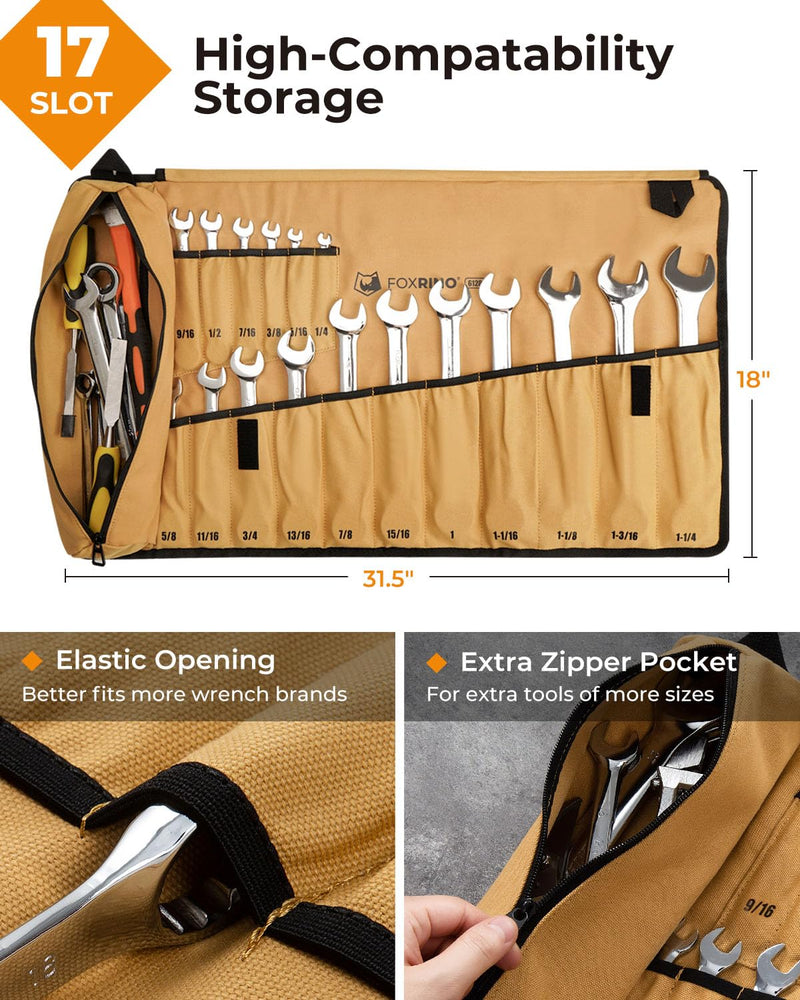Foxrino Wrench Roll, Wrench Roll Up Pouch, 17-Pocket Heavy Duty Canvas Wrench Organizer Bag for Metric Combination Wrenches, Portable Tool Roll Bag, Gifts for Men for Fathers Day(Brown, 17+1 SAE) Brown