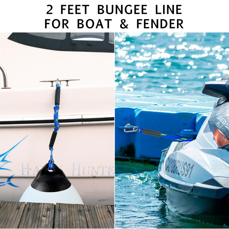 2FT Bungee Dock Line Boat Accessories 2pcs Fender Lines with 316 Stainless Clip for Boat Bumper/Boat Fender for Mooring for Jet Ski, Seadoo, Yamaha(Blue+Yellow, 2Feet) Blue+Yellow