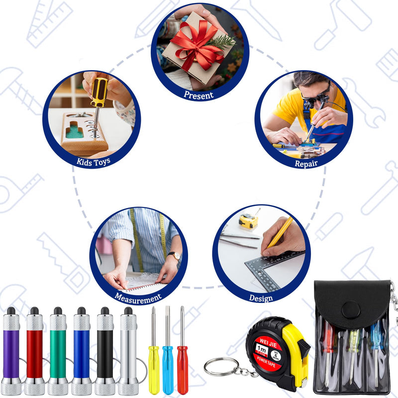 Jutom 18 Pcs Mini Tape Measure Keychain Screwdriver LED Light Keychain Bulk Men Adult Tool Party Gifts Prize for Man Father's Day Housewarming Gifts Adult Useful Tool Favors (Colorful) Colorful
