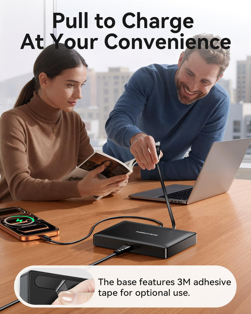 Rocoren 560W 8‑Port Ultra‑Thin USB‑C Station with Retractable Cable | 100W PD Fast Charger Hub, Multi‑Device Charging Block for MacBook Pro/Air, iPad, iPhone 17/16/15 & Samsung Devices