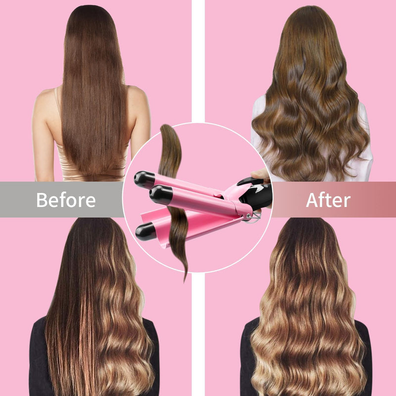  [AUSTRALIA] - 3 Barrel Hair Waver - 25MM Pink Hair Curling Iron with Dual Heat Settings & Temperature Control - Electric Crimper Wand for Big Waves & Curls