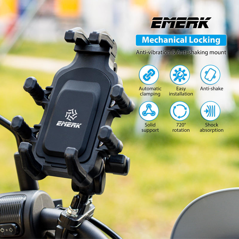 EMERK Motorcycle Phone Mount Holder - [Dual Vibration Dampener] [Anti-Shake Anti-Theft] Bike Phone Holder, Adjustable Handlebar Cellphone Cradle for Bicycle Road Scooter ATV Fit 4.7''-7.2'' Smartphone Heavy-duty Basic