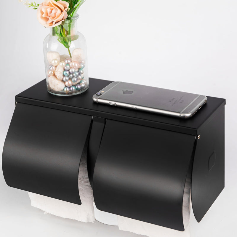 Desyeryamimi Double Roll Toilet Paper Holder Dispenser with Shelf Storage-Commercial 2-Roll Side by Side Stainless Steel Toilet Tissue Holder/Dispenser Wall Mount for Bathroom/Restroom(Black