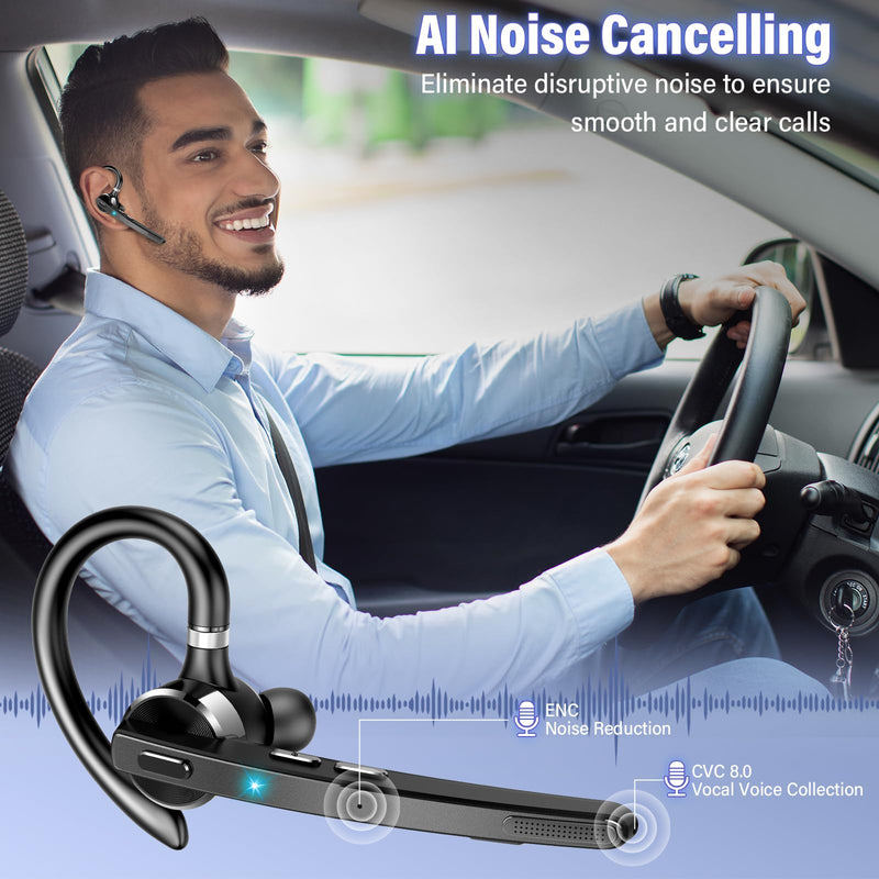 2026 Bluetooth Headset, Wireless Bluetooth 5.3 Earpiece, 90Hrs Single-Ear Headset with APTX HD Audio & Mute Button, Dual Noise Cancelling Mics, Hands Free Headphone for Trucker, Business, Gym, Grey Gray