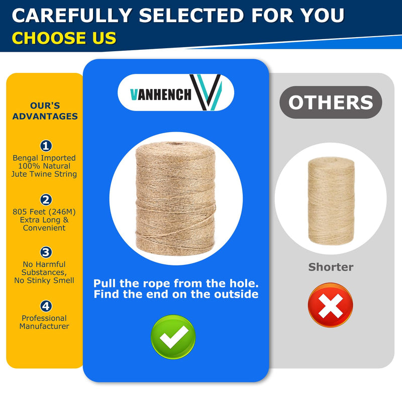 Vanhench 805FT Natural Jute Twine String, Bulk Hemp Jute Rope Cord Twine for Crafts Gardening, Gift Wrapping, Wedding Décor, Packing Material Burlap Ribbon, Christmas Knitting Macrame Decoration Brown 2mmX805ft (246m)
