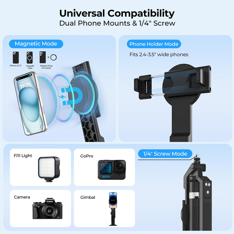 Content Creator Essentials Vlogging Kit, Magnetic Tripod & 2 Lights 2 Mics | 68" Magnetic Tripod for iPhone MagSafe/Android with Remote & 2 in 1 Magnetic Holder for Video Recording/Travel/Vlogging