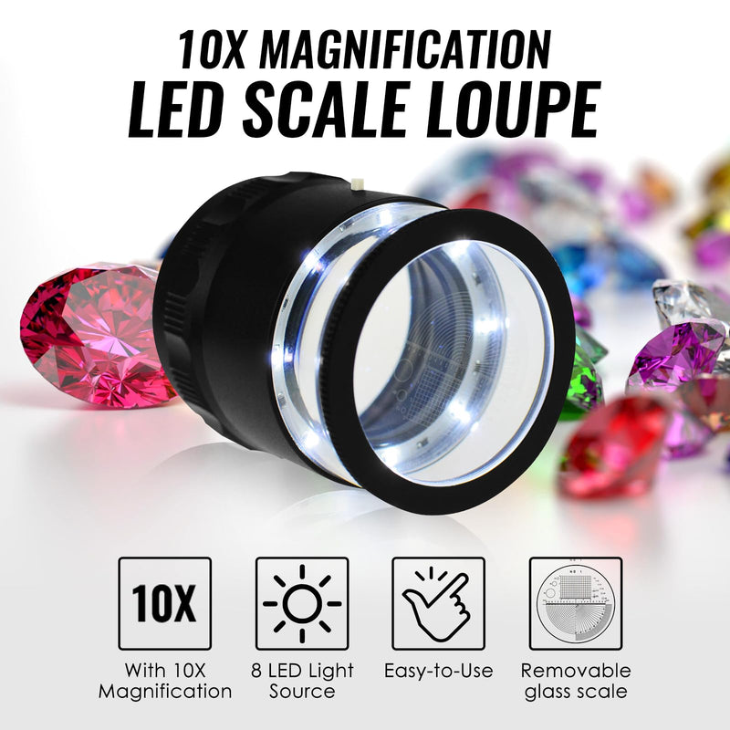 10x Jewelers Loupe, Illuminated Magnifying Glass, Portable Pocket Reading Magnifier with 25mm with LED Focused Eye Loupe Magnifier for Gems,Coins, Interchangeable Reticle Scale (4 Scale Glass) 4 Scale Glass