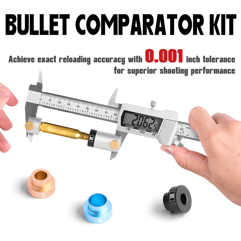 Bullet Comparator Kit, Includes 14 Inserts & 1 Comparator Body & 1 Anvil Base, Universal Fit for .17 to .45 Calibers, Precision Ammo Reloading Gauge Tool Set Seamless Caliper Connection 16pcs Bullet Comparator Kit