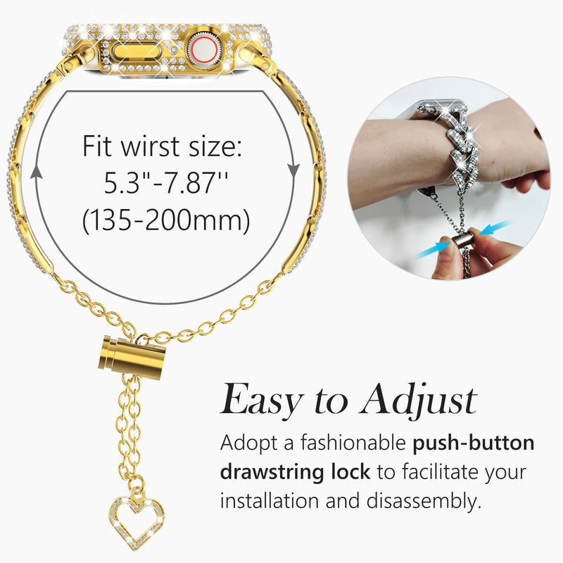 Wingle for Gold Apple Watch Bands 41mm for Women, iWatch Series 8 7 Stainless Steel Metal Band Luxury Diamond Bracelet Rhinestone Crystal Strap with Bling Screen Protector Case Dressy Chain,41 mm Gold