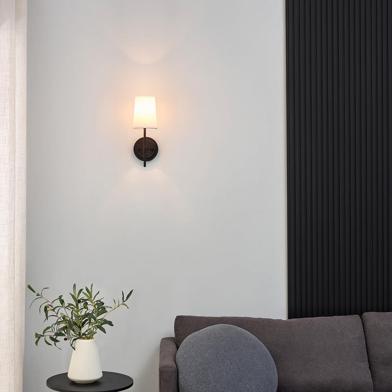 GLOBE Electric 51859 1-Light Wall Sconce, Matte Black, White Fabric Shade, Wall Lighting, Wall Lamp Dimmable, Wall Lights for Bedroom, Kitchen Sconces Wall Lighting, Home Décor, Bulb Not Included Matte Black, White Shade