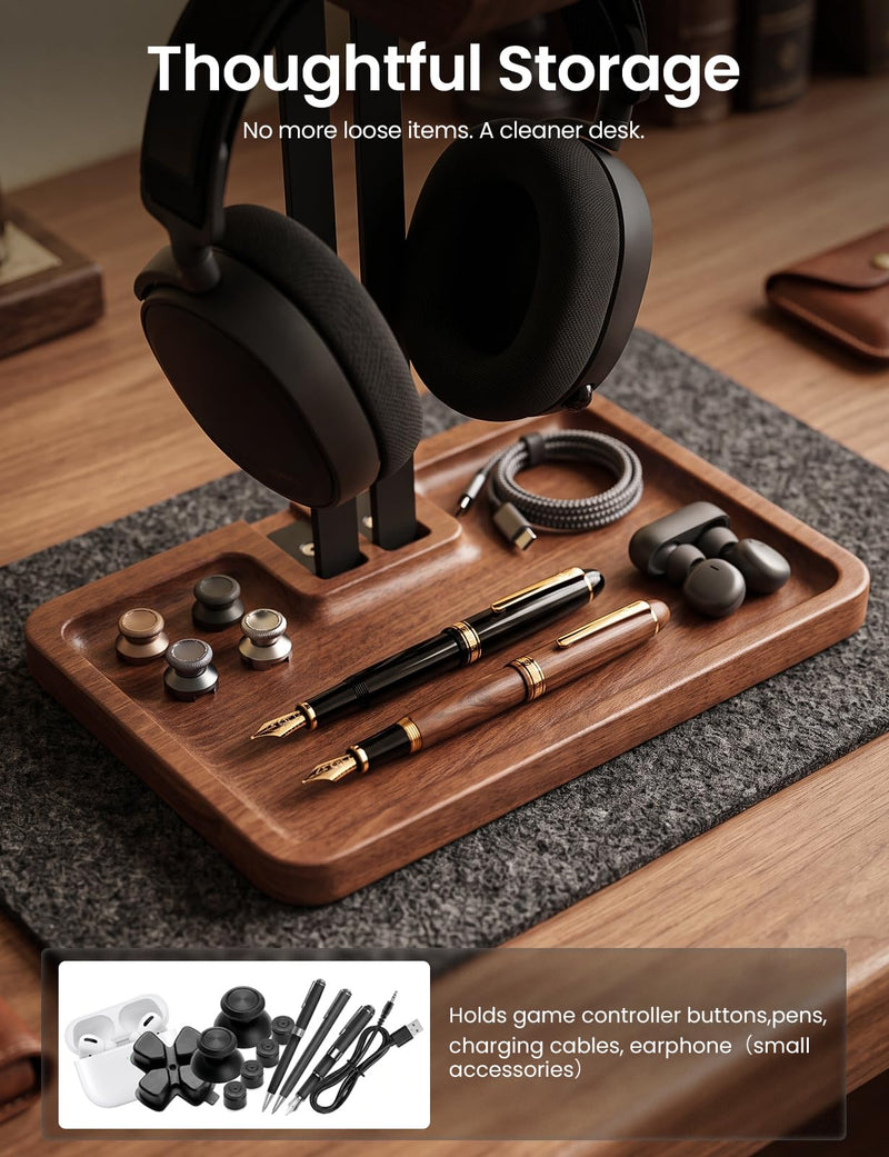 LOXP Walnut Headphone and Controller Stand, 2-in-1 Holder with Storage | Solid Wood Gaming Headphone Stand, Built-in Storage, Non-Slip, Fits Xbox PS5 Switch Controllers, Desktop Organizer for Gamers