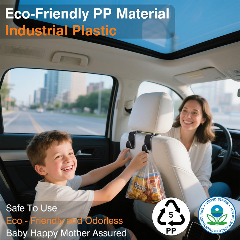 Car Seat Hooks & Purse Holder - 4 Pack Boxed,55 lb Heavy Duty,Eco PP Car Hooks for Purse/Bag/Baby Gear/Gym Bag/Groceries/Cup/,Fits 0.32-0.55”Car Headrest Rods (Black) Black