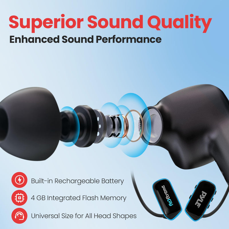 Pyle Flextreme Waterproof Sports Wearable MP3 Headset Music Player 8GB Underwater Swimming Jogging Walking Gym Earphones Earbuds Rechargeable Comfortable Flexible Headphones USB Connection (PSWP14BK)