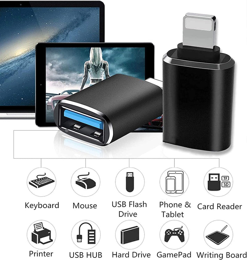 (Apple MFi Certified) Lightning Male to USB3.0 Female Adapter OTG Cable | 2Pack Portable USB Camera Adapter OTG Data Sync Cable for iPhone 14/13/12/11/Xr/X/XS/8/7Card Reader/Flash Drive/MIDI Keyboard Black