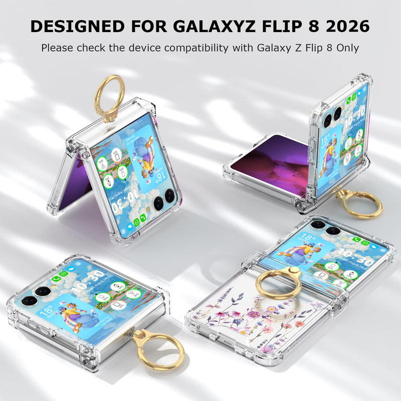 Clear Flower Case for Samsung Galaxy Z Flip 8 Case with Ring Protective Cover for Galaxy Z Flip 8 2026 5G for Women - B Clear B