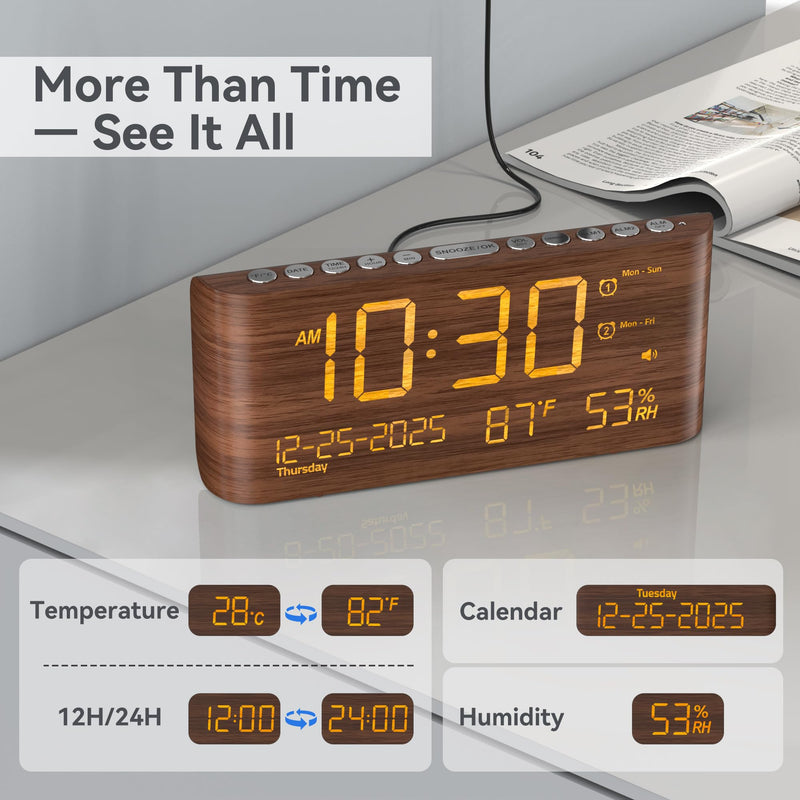 Mesqool Digital Alarm Clock with Dual Alarms, Temperature & Humidity Display, USB & Type-C Charging, 5-Level Brightness for Bedroom & Office