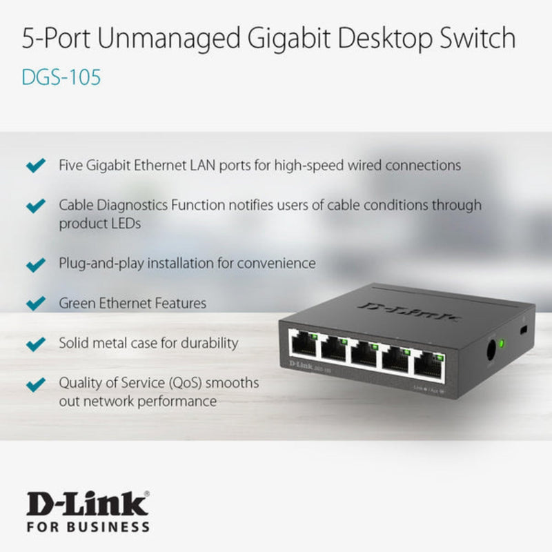 D-Link Ethernet Switch, 5 Port Gigabit Unmanaged Metal Desktop Plug and Play Compact (DGS-105),Black 5-Port Switch
