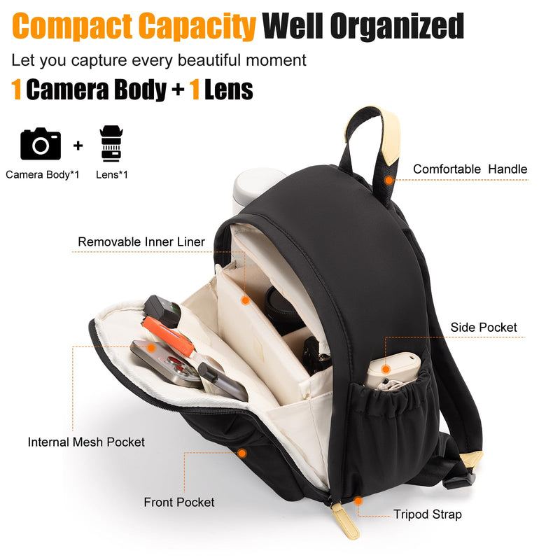 Cwatcun Camera Backpack for Women, Compact DSLR Bag with Tripod Strap | Fits 1body +1lens +10.9"iPad. Removable dividers,18mm padding,waterproof,tripod strap,anti-theft pocket,lightweight 0.96kg. Black 1.0 Small