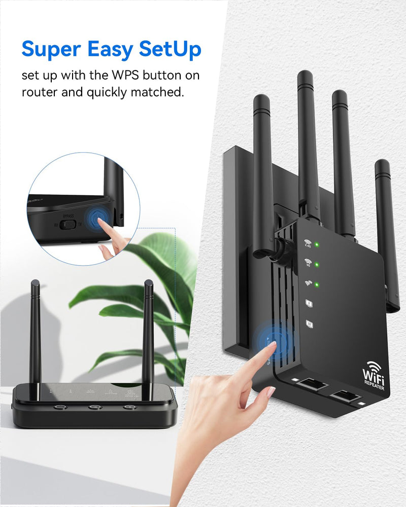 WiFi Extender Signal Booster for Home, WiFi Extender, Long Range up to 12880 Sq Ft and 105 Devices, Internet Extender WiFi Booster, WiFi Repeater with Ethernet Port, Signal Booster(Black) Black-A