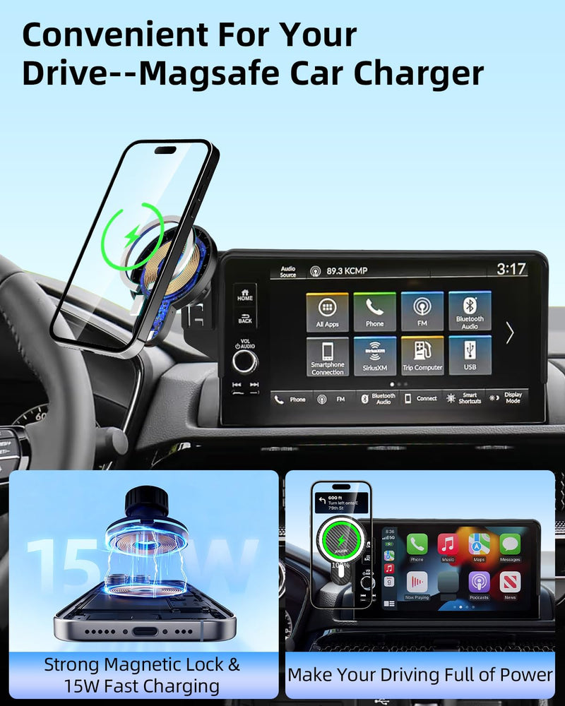 PZK Wireless Charger Car Phone Holder for Ford Maverick 2022-2024 | 8-Inch Screen Magnetic 15W Fast Wireless Charger Car Phone Mount Strong Magnets 360° Rotation Hands-Free Not Affect Vent Magsafe+ Wireless Charging