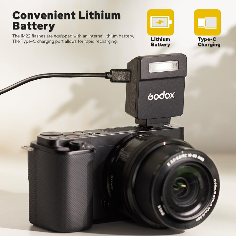 Godox iM22 Mini Flash for Canon/Sony/Fujifilm/Nikon/Panasonic/Olympus | Built-in Battery, USB C Charging, 5 Levels Flash Power, GODOX Flash iM 22 Mini Camera Flash