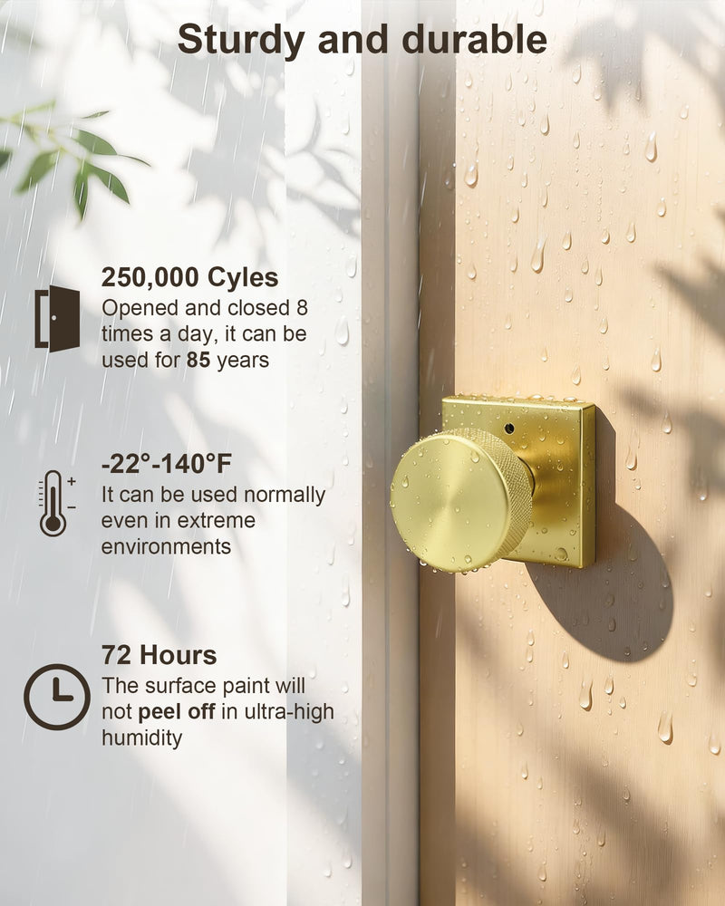 Probrico Privacy Door Knobs,Brushed Gold Interior Door Knobs with Square Rosette,Gold Keyless Bed and Bathroom Round Antique Door Knob with Lock 1Pack 1