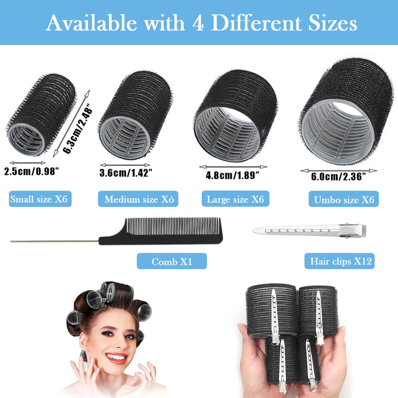 Eastrise 37PCS Hair Curlers Rollers with 12 Clips,1 Rat Tail Comb,4 Sizes (60/48/36/25mm) Rollers for Hair for Long Medium Short Thick Fine Volume Bangs,No Heat,Hair-friendly,Lift & DIY Styling-Black Black