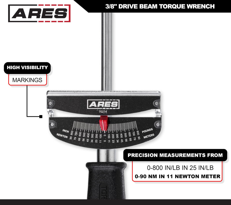 ARES 70214-3/8-inch Drive Beam Torque Wrench - 0-800 Inch/Pounds and 0-90 Newton/Meter Torque Wrench - High Visibility Markings for Easy Readings 3/8-Inch Drive Beam Torque Wrench