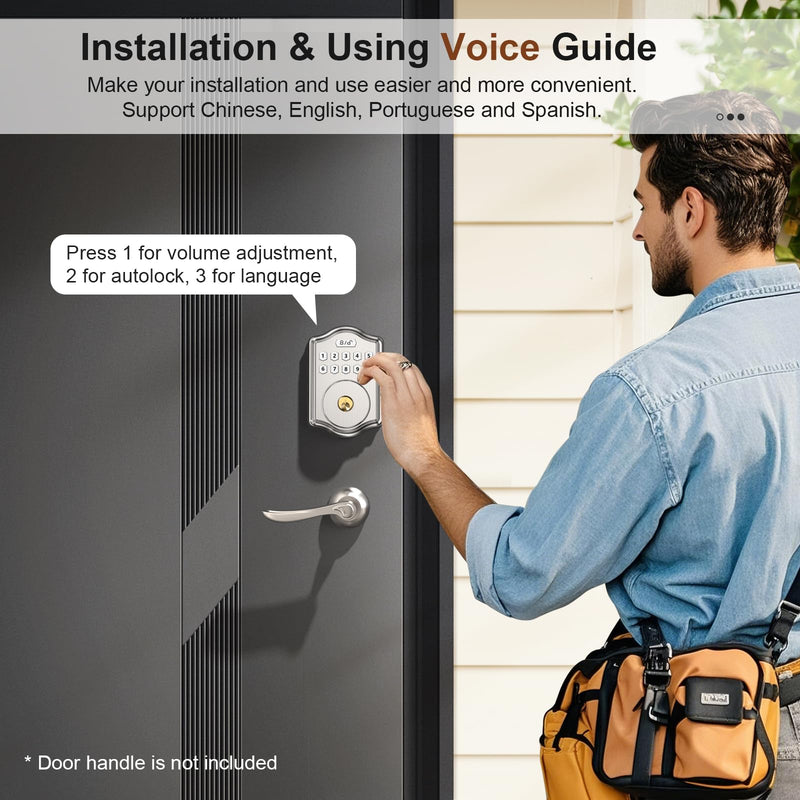 Keyless Entry Door Lock with Code, Voice Guidance Electronic Keypad Deadbolt Smart Locks for Front Door, Easy to Install, Anti-Peeping Password, Auto Lock, Satin Nickel Black