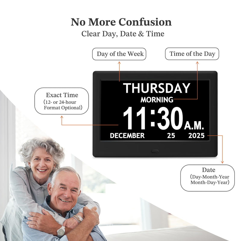 7'' Dementia Clock For Seniors, Large Display Digital Clock With Date, Time, Day Of Week for Elderly, Memory Loss, Alzheimer, 1024*600P HD, 10 Reminders & 6 Alarms, Auto Dimming & DST, Remote Control 7" Black