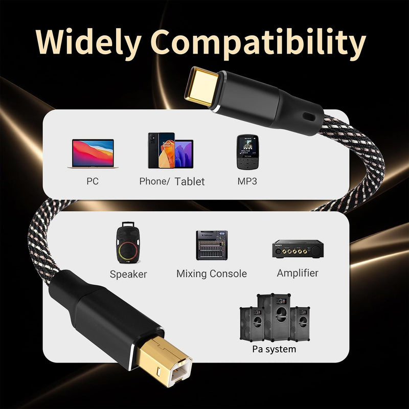 HiFi Audio Cable 6N OFC USB B to USB C 3.28ft/1m | 24K Gold-Plated Plugs, Nylon Braided, Printer Cable for Hi-Fi DAC, Amplifiers, DJ Controllers, and Audiophile Music Lovers
