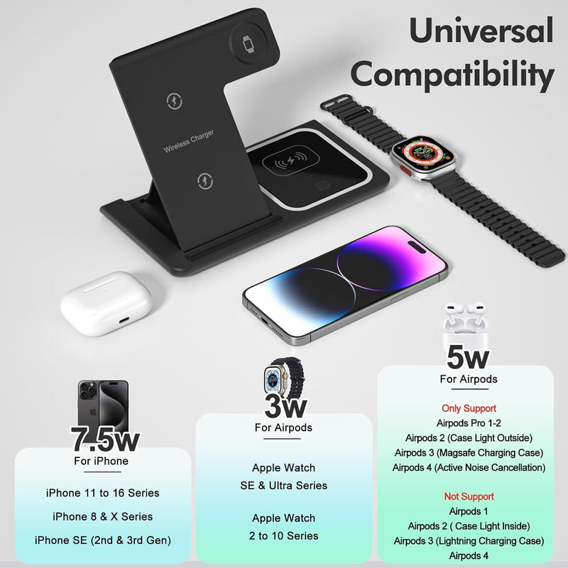 3 in 1 Wireless Charger Charging Station, Wireless Charger Stand for iPhone17 16e 16 15 14 Pro Max 13 12 11,Charging Dock for AirPods 4 3 2 Pro, Apple Watch 11/10/9/Ultra/8/SE/7/6/5/4/3 Black