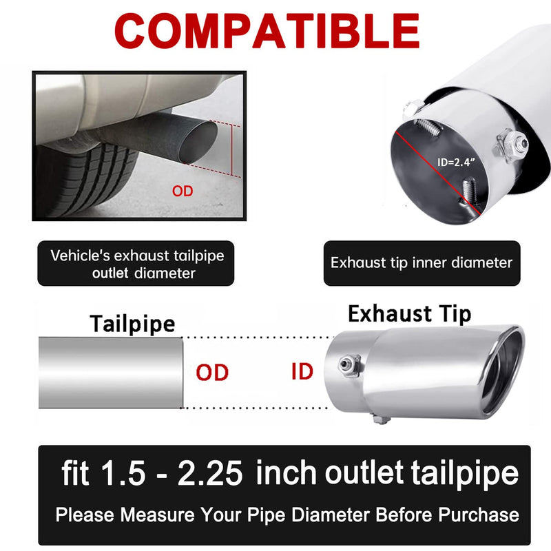 Dsycar Universal Stainless Steel 1.5" - 2.25" Inlet Exhaust Tips, Fit Pipes Diameter 1.5-2.25 inch, Adjustable Car Decoration Chrome-Plated Finish Exhaust Tailpipe Tip, 3.3" Outlet, 5.4" Long Straight