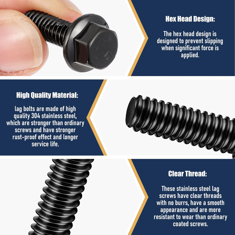 Zonon 100pcs 1/4-20 x 3/4" Stainless Steel Flanged Bolts, 304 Hex Head Bolts Kit, Heavy Duty Hexagon Screws with Reinforced Box, Fully Threaded Hardware Fasteners for Industrial & Marine Use(Black) 1/4-20 X 3/4'' Black 100