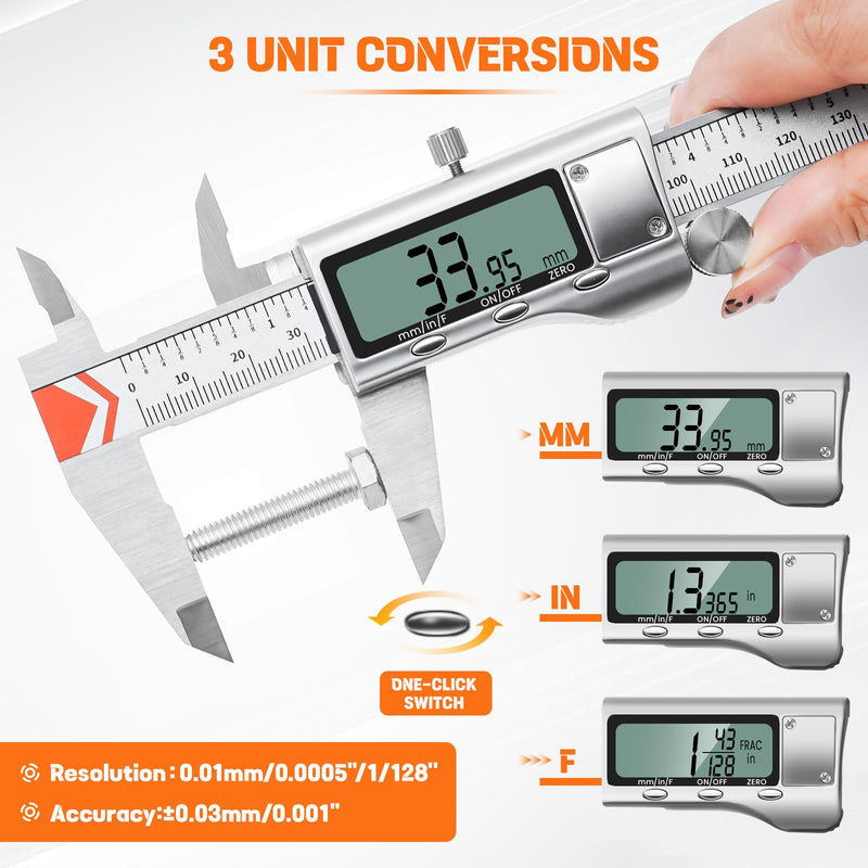 Digital Caliper, HARDELL Caliper Measuring Tool-All Metal Caliper with 2 Batteries, Inch Metric Fraction Large LCD Screen Digital Micrometer, Digital Caliper 8 Inch for Household/DIY