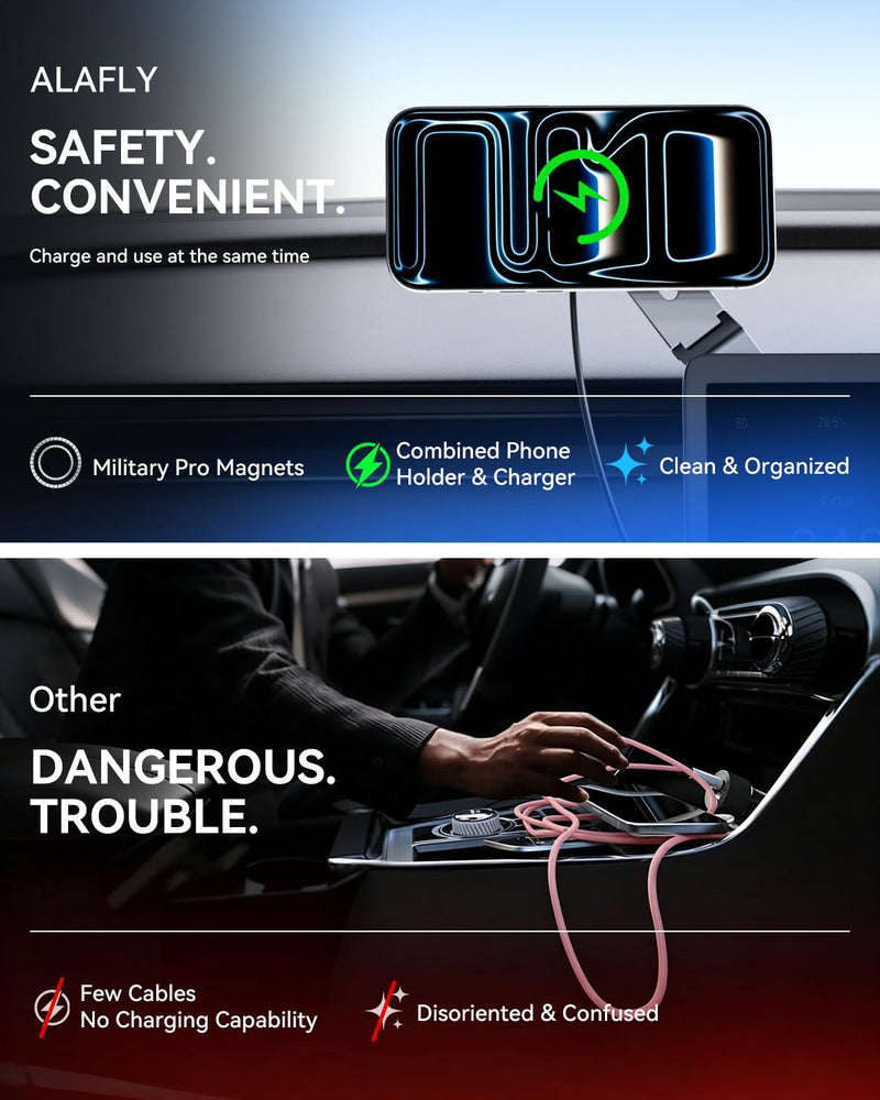 15W Wireless Charger Phone Mount for Tesla, Foldable & Extendable Metal Car Holder with Strong N55 Magnet, 360° Adjustable Stand for Tesla Model 3/Y/S/X/Cybertruck, Only Design for MagSafe